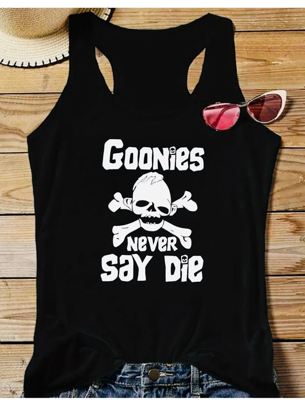 New - Fun! Vintage Style Goonies Graphic Print Racerback Tank - Black - Size L